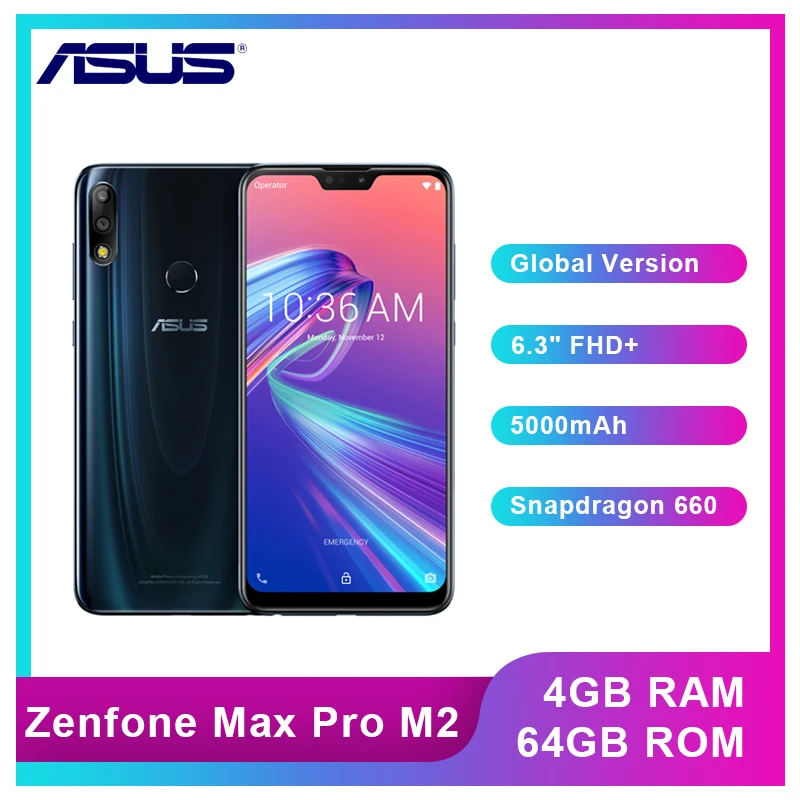 Смартфон ASUS ZenFone Max Pro (M2) ZB631KL 4 Гб ОЗУ 64 ПЗУ 6 3 дюйма 4G LTE Snapdragon 660 5000 мАч Android 8