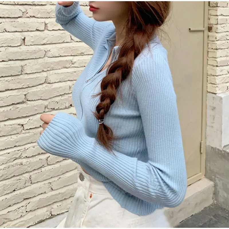 Женский трикотажный кардиган на молнии уличный свитер в рубчик с отложным