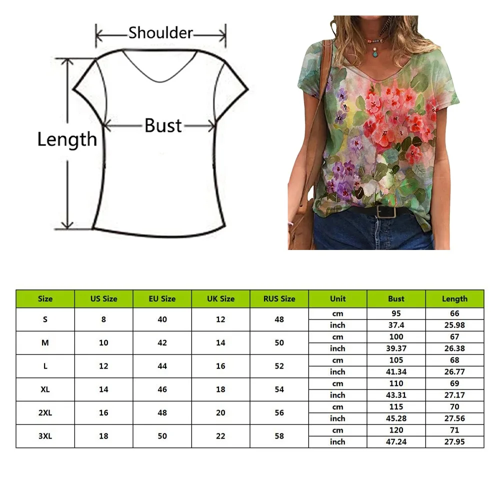 

2021 Summer Women's Floral Printed V-Neck T-Shirt Short Sleeved Casual Loose Ladies Tops 3XL Streetwear