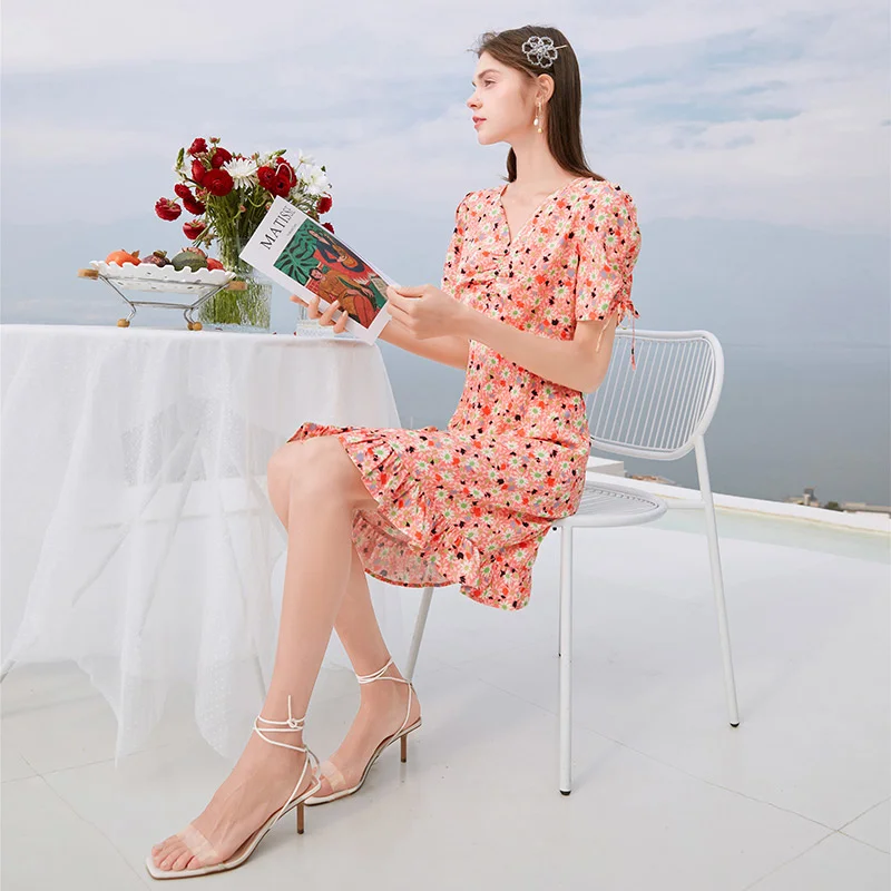 

SHZQ Floral Dress Women's 2021 Summer New Daisy Skirt Pink Waist Slim V-neck Tea Break Skirt