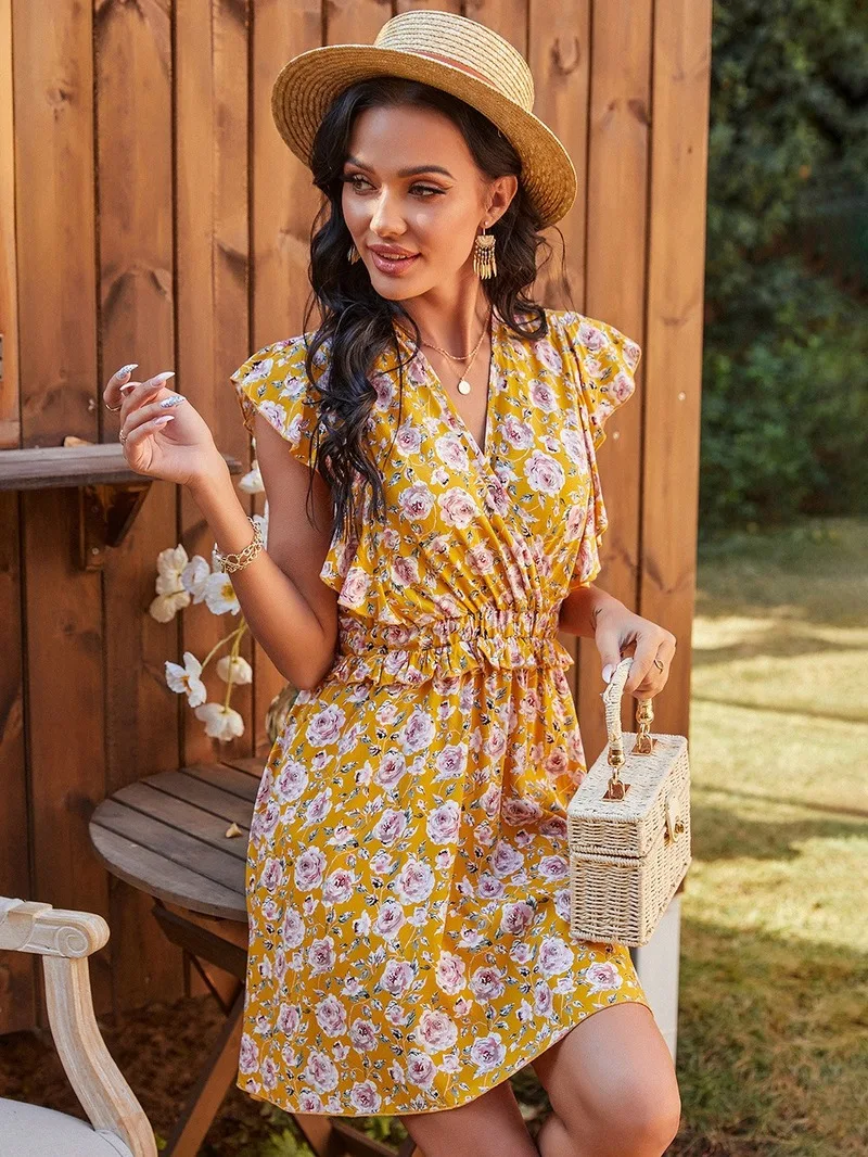 

Summer Floral Sleeveless Knee-Length Dress Women V-neck A-line High Waist Cottagecore Dresses 2021 Pastoral Aesthetic Clothes