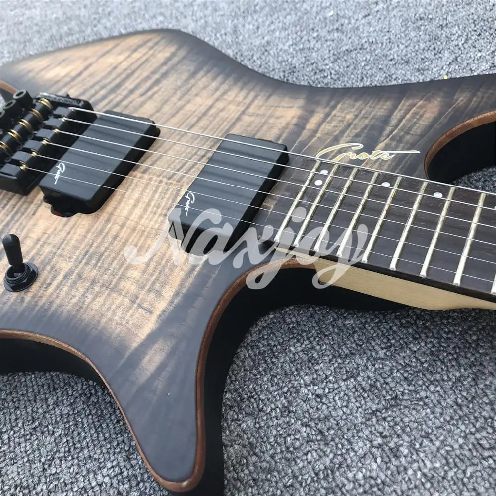 

Smoke Gray Flame Maple Headless Electric Guitar Mahogany Body Black Hardwares Free Shipping