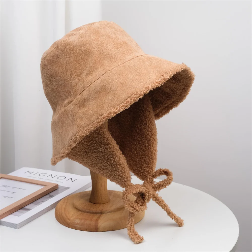 Lamb Fur Fisherman Hat Fur Warm Female Hat Ear Protection Men And Women Bucket Hat Outdoor Sun Hat Panama Hat images - 6