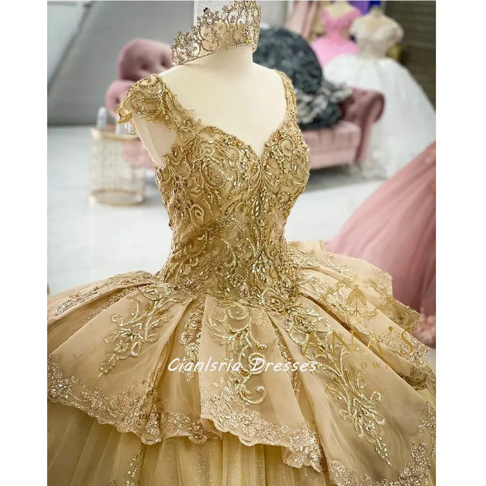 

Золотистые платья с открытыми плечами и блестками, бальное платье с аппликацией, милое вечерние для выпускного вечера с оборками в нескольк...