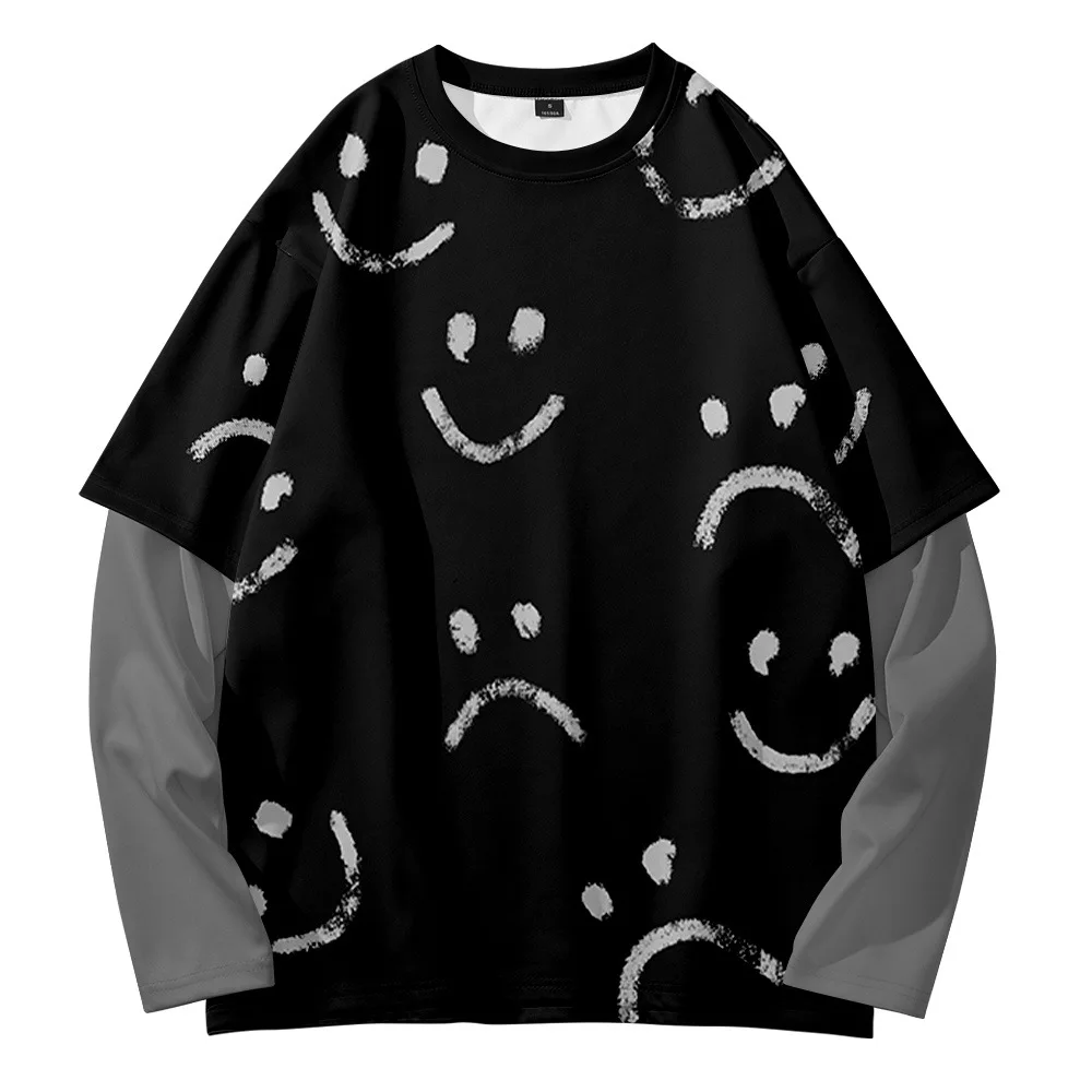 

Smile every day stitching retro trend all-match casual summer travel fake two-piece round neck sweater