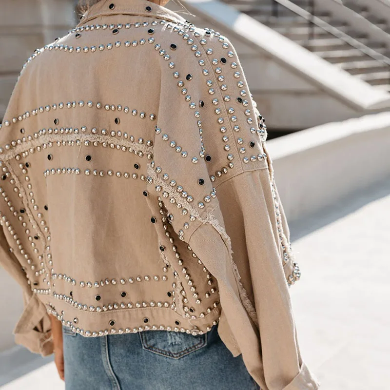 

Black Jean Jacket Women Spring Fashion Turn-down Collar Long Sleeve Rivet Denim Jacket Autumn Woman Vintage Loose Boyfriend Coat