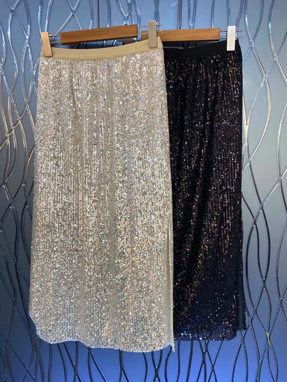 

2021 new women fashion elastic waist decoration shiny silk all-match mid-length skirt 712