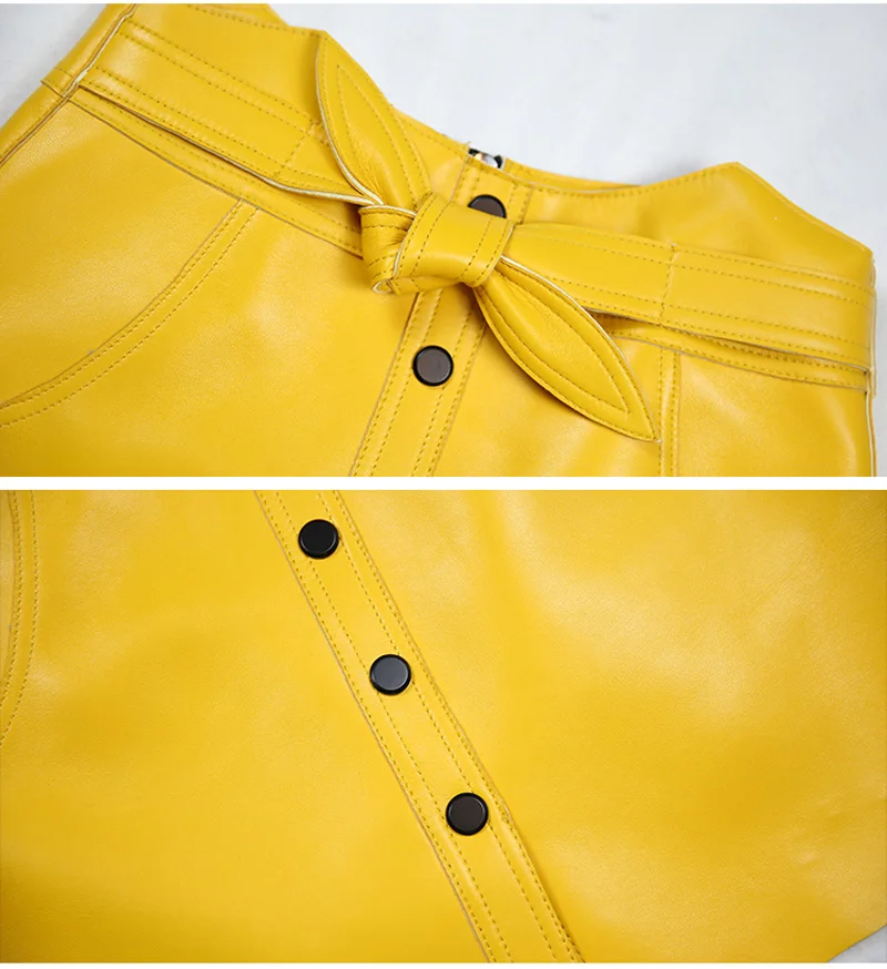 

RYS9317 Winter Women Cute Rabbit Ears Bow Knot A-line Genuien Leather Skirt Mujer High Waist Short Mini Sexy Jupe Pink Saias