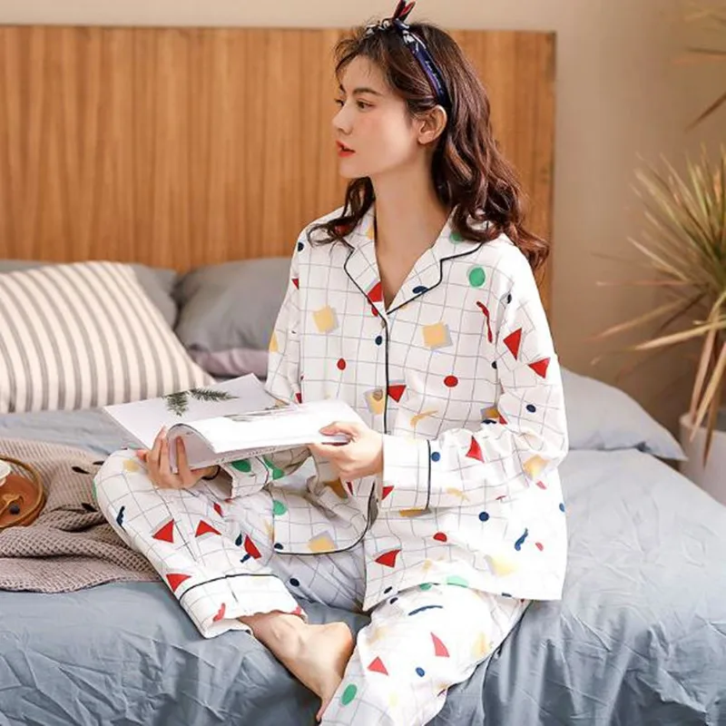 

Пижама женская хлопковая с принтом, комплект из двух предметов, топ для сна и брюки, домашняя одежда, большие размеры, Осень-зима