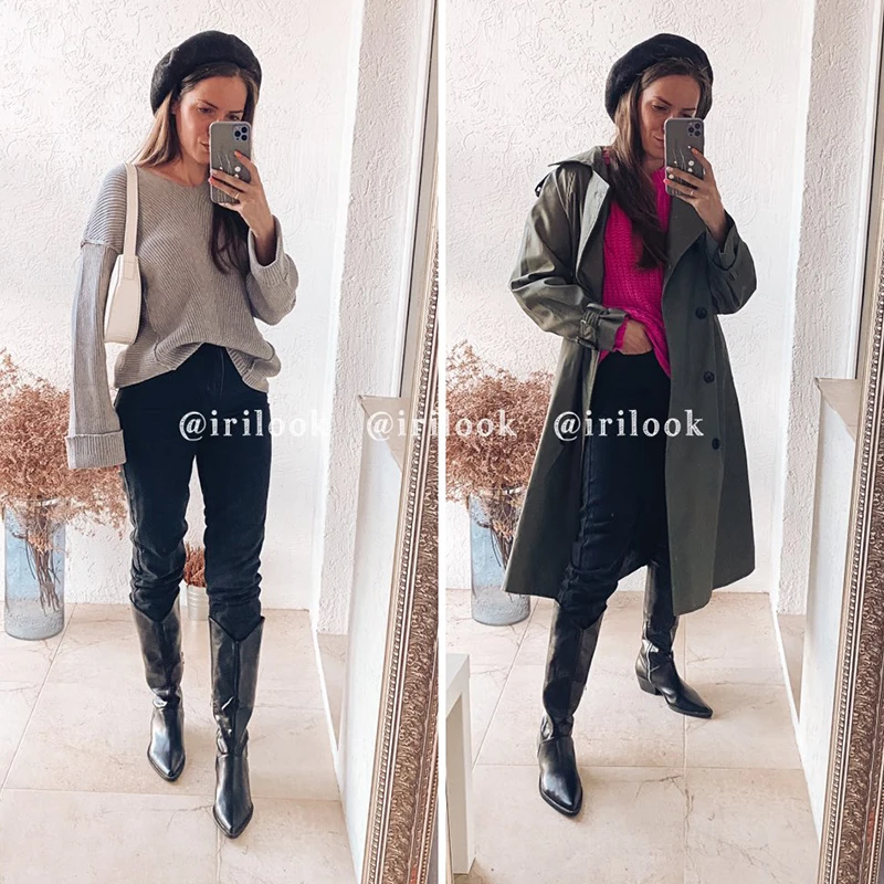 Женские ковбойские ботинки с острым носком черные дизайнерские до колена в