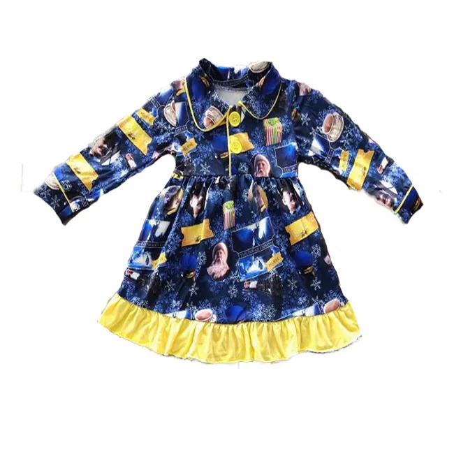 

New hot selling little girl Christmas theme nightdress blue Santa print yellow patchwork long sleeve nightdress20