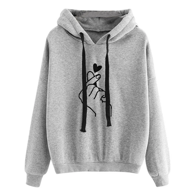 

Women Kpop Hoodies Sweatshirts Casual Finger Heart Love Pattern Hooded Sweatshirts Fashion Drawstring Plus Size Female Pullover