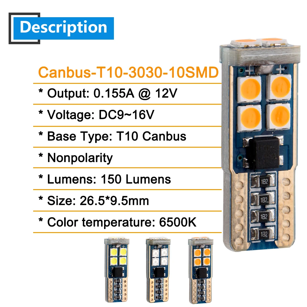 4X W5W T10 Canbus 3030 10 SMD 12 В Светодиодная лампа без ошибок поворот парковочный сигнал