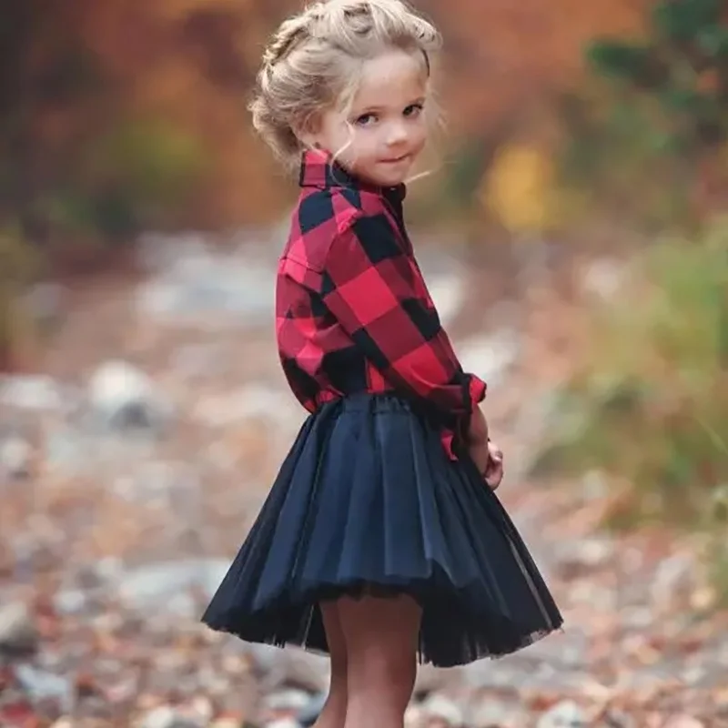 

Spring Autumn Beautiful Baby Girl SKirt Comfotable Plaid Print Cotton Blouse Tops Short Mesh Skirts Casual Outfits Set