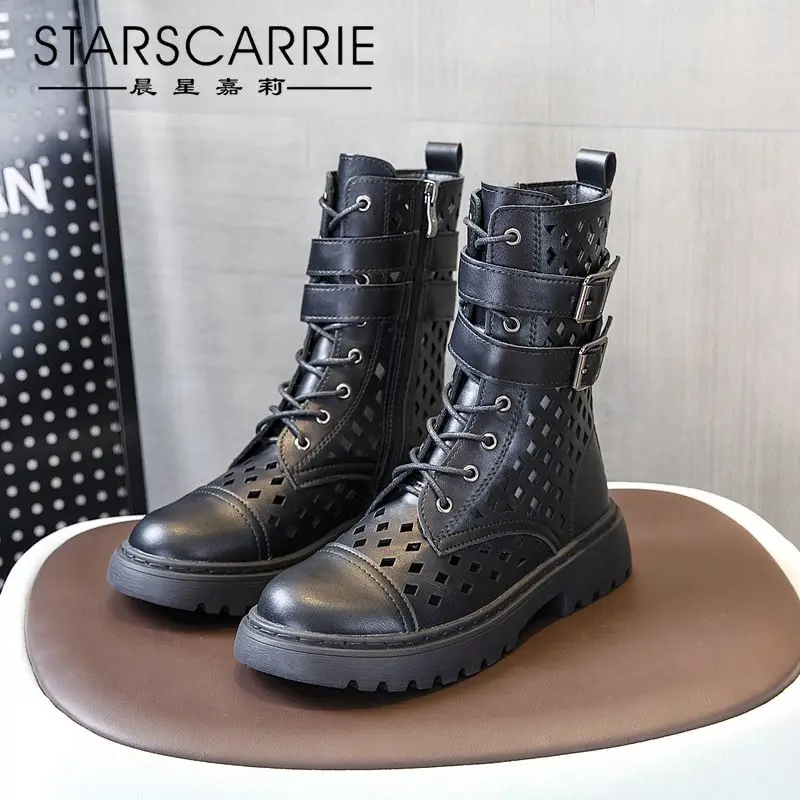 

Leather riding boots women 2021 new British style all-match breathable sandals mid-tube boots thick-soled hollow breathable boot