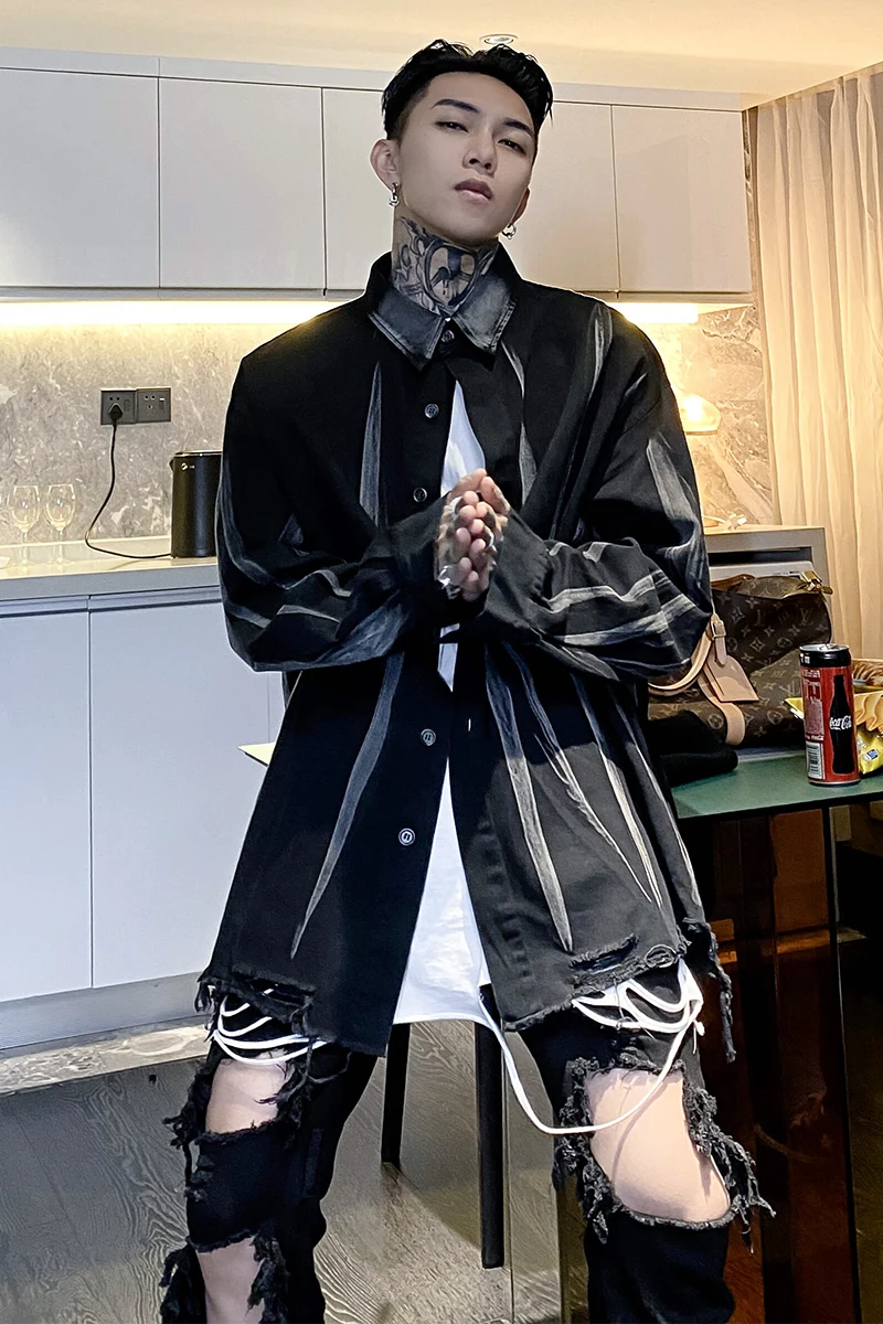 

M-XLDark street hip-hop washed old tie-dye shirt sub-force wind loose retro raw edge jacket men.