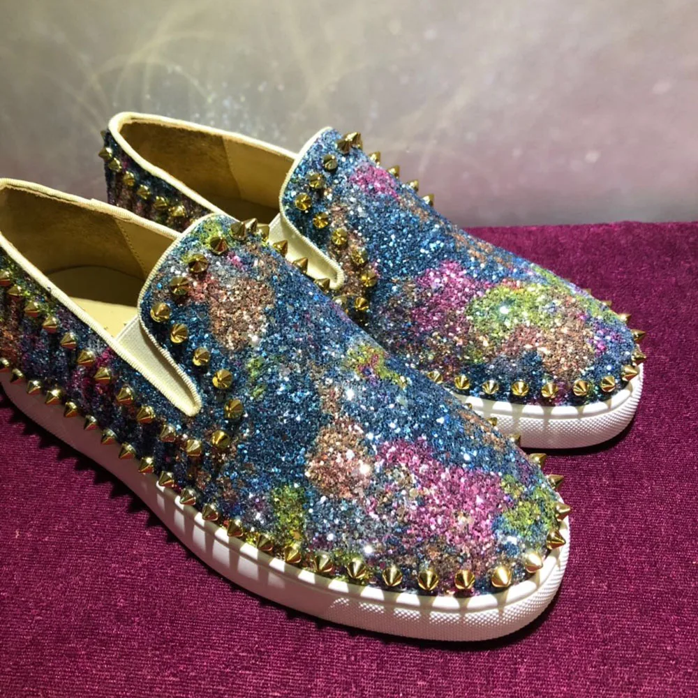 

Кроссовки мужские и женские из натуральной кожи, роскошные лоферы, низкий вырез, блестящие, с кольцами и заклепками, с красной подошвой, повс...