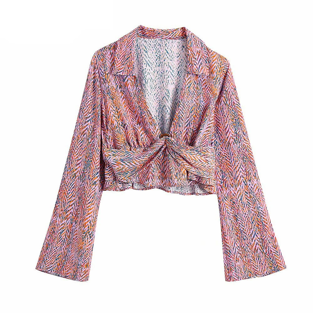 

Женская укороченная рубашка с длинным рукавом, винтажная блузка-кимоно с V-образным вырезом и бантом на пряжке, модный топ в современном сти...