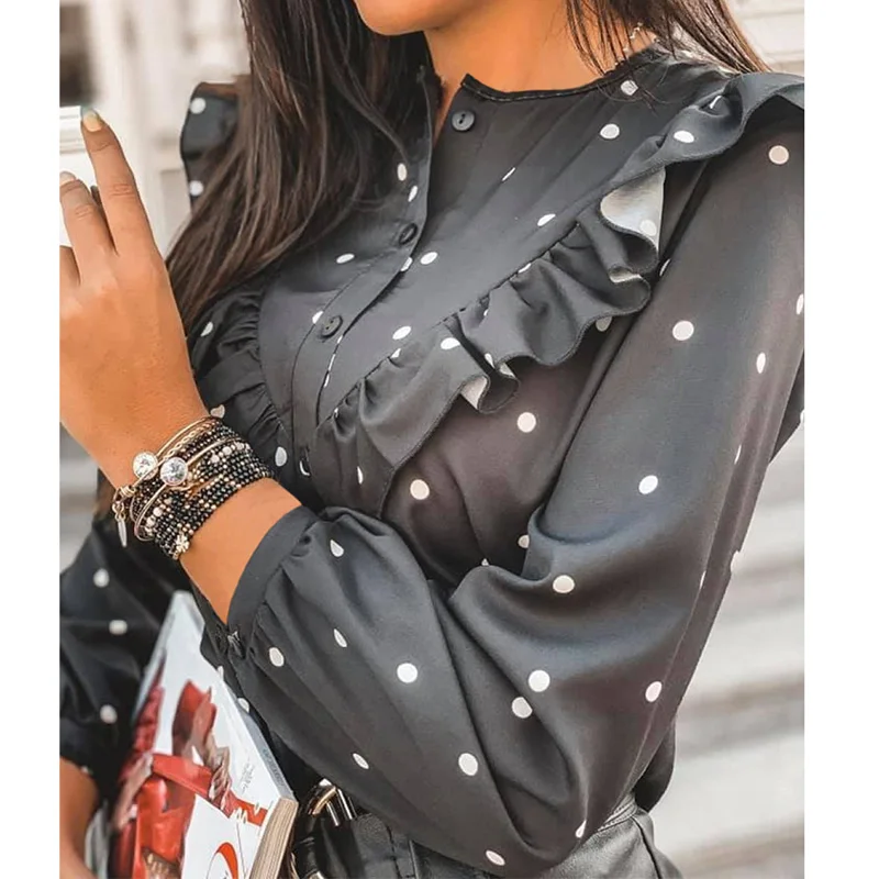 Женская Весенняя блузка с круглым вырезом и пуговицами элегантная рубашка в