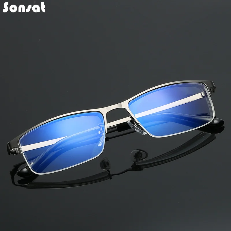 

2021 New Metal Half Frame Hanging Fish Wire Anti Blue Light Blocking HD Blue Film Stainless Steel Men Business Reading Glasses
