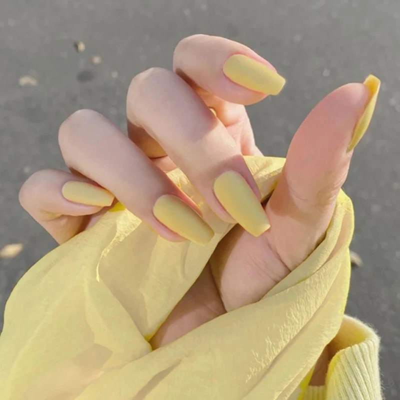 

24Pcs/Box Full Cover Fake Press on Nails Matte Yellow Pure Acrylic Frosted Ballerina Acrylic for Nails for Women and Girls