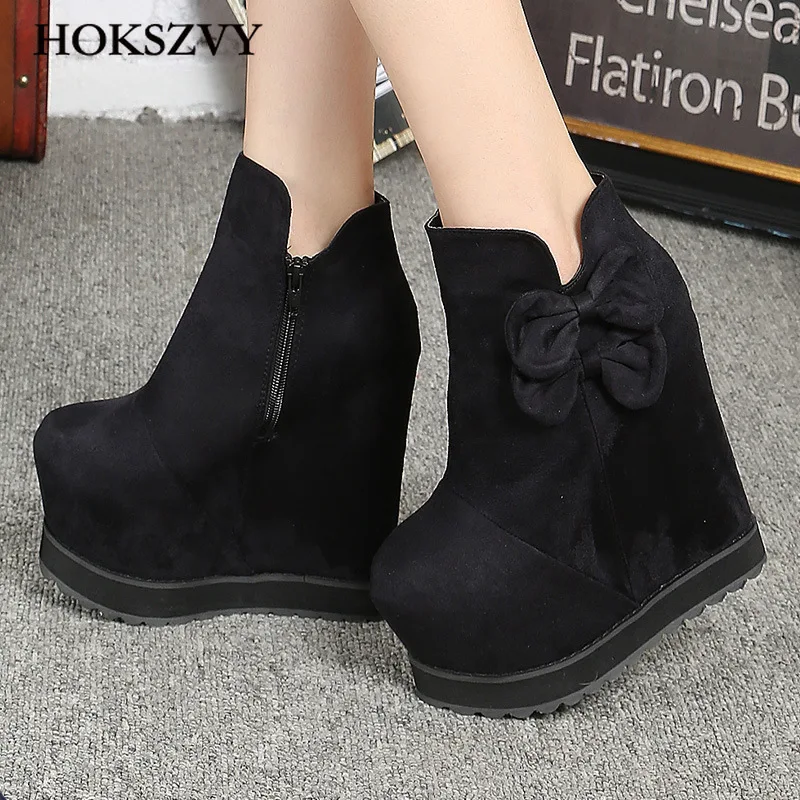 HOKSVZY/черные ботинки на платформе с круглым носком Женские осенние танкетке