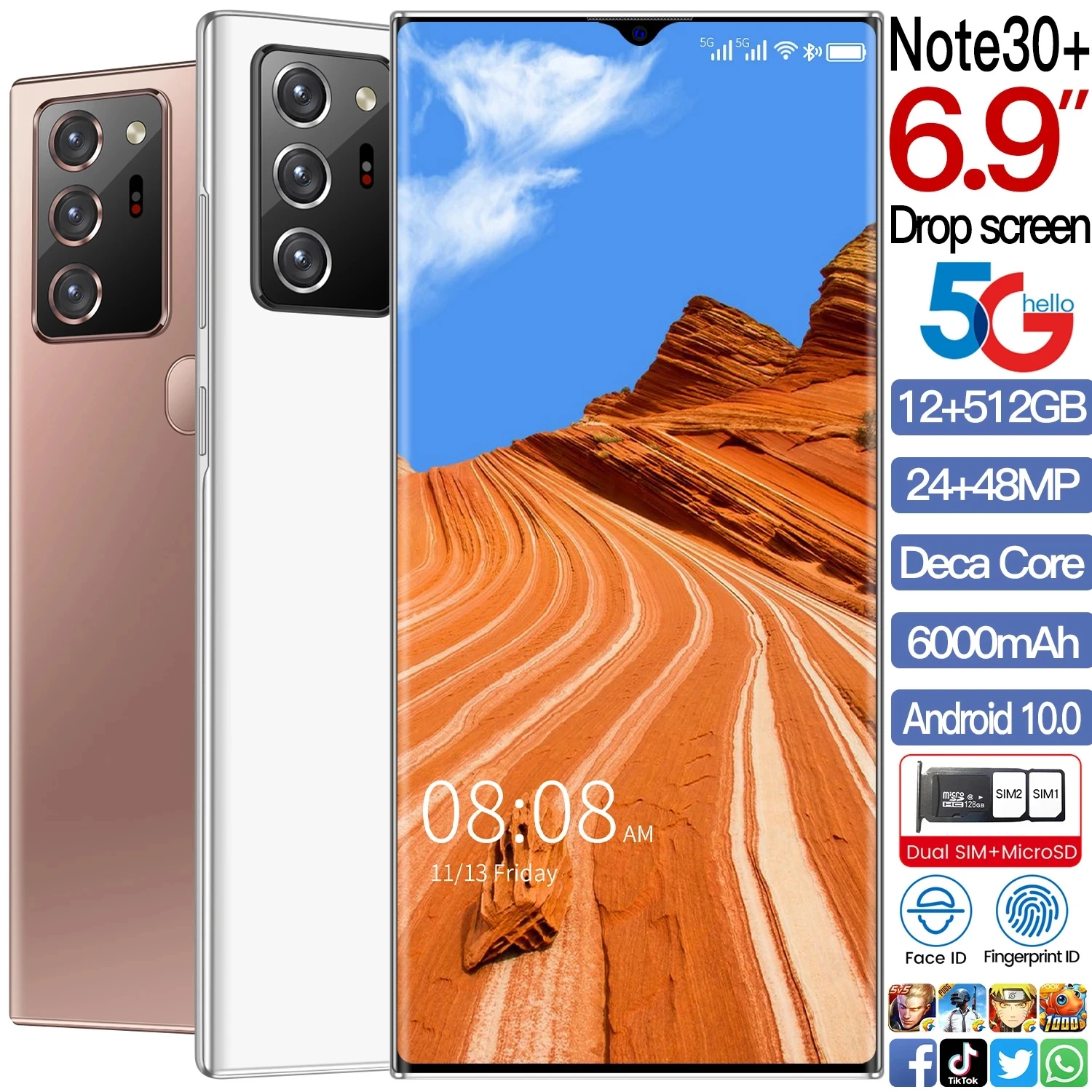 

Hot Sale Note30+ Snapdragon 865 6.9Inch Cellphone Globle Version 12GB+512GB 6000mAh Android10 Fingerprint ID Internet Smartphone