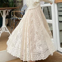 long maxi skirts for women spring summer korean cute princess style elastic high waisted a line floral lace skirt white black