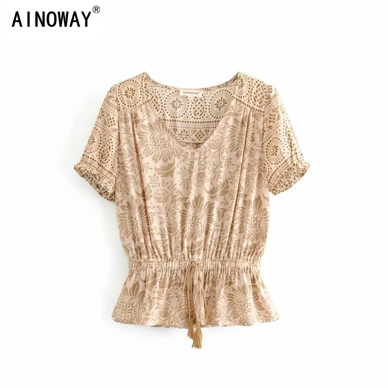 Винтажная шикарная Женская пляжная блузка из вискозы в богемном стиле с принтом