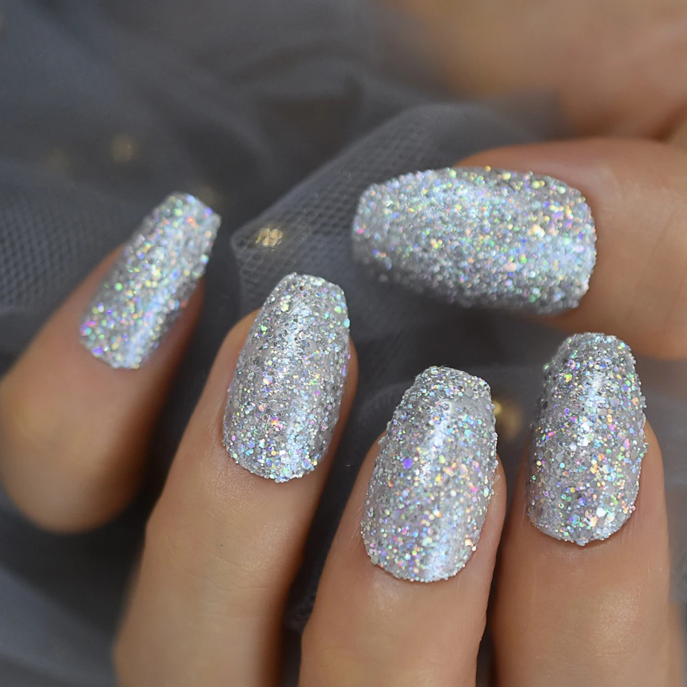 Накладные ногти Holo Bling с серебряным блеском предварительно разработанные