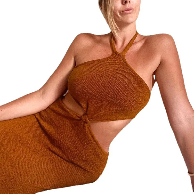 

Summer Solid Color High Waist Maxi Dress Women's Halter Sexy Holiday Hollow Dress Slim Dresses For Women Robes Femme 2021 New