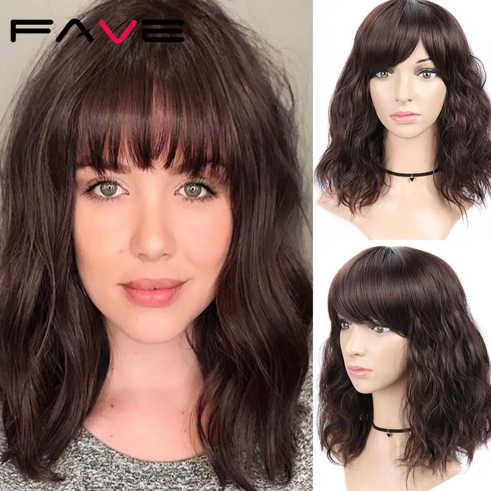 Парик FAVE Bob из натуральных волос волнистые волосы с челкой Смешанные черные и