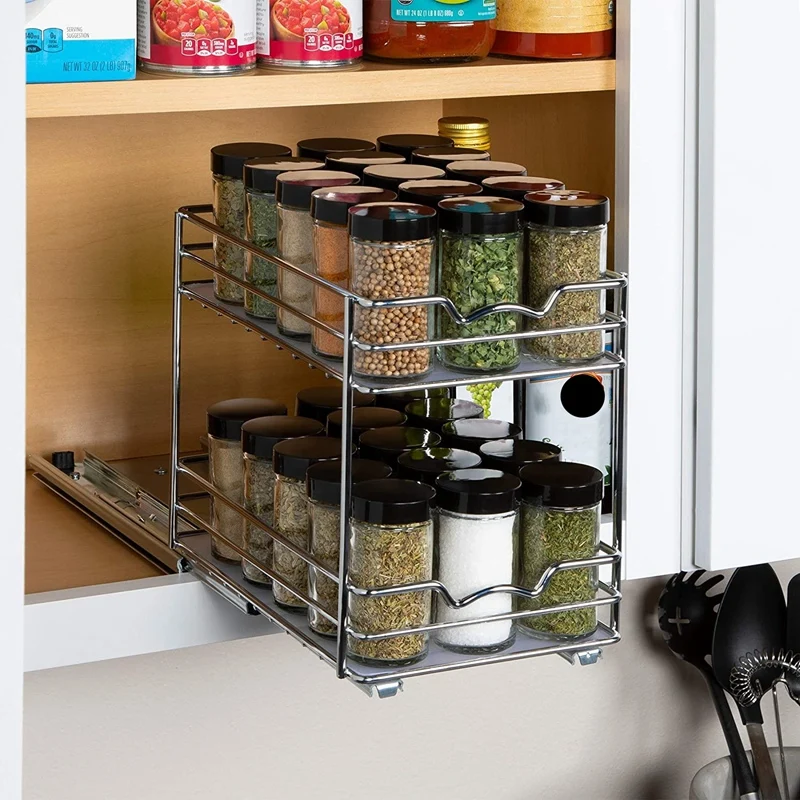 

Pull Out Spice Rack Organizer for Cabinet Heavy Duty Slide Out Double Rack for Kitchen Cabinets Spices Sauces Cans Etc