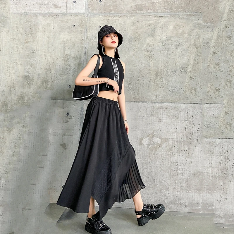 Женская ассиметричная юбка XITAO черная свободная универсальная с эластичным