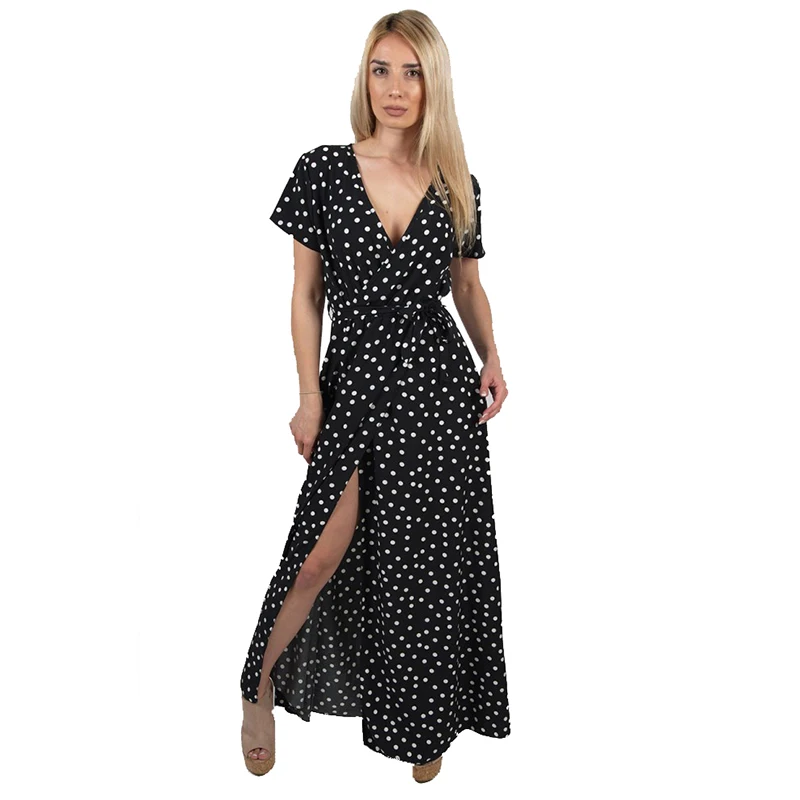 

AECU Fashion Split Hem Polka Dot Short Sleeve Maxi Sundress Bohemian Women Summer Long Dress Belted Sexy Casual V-Neck Vestido