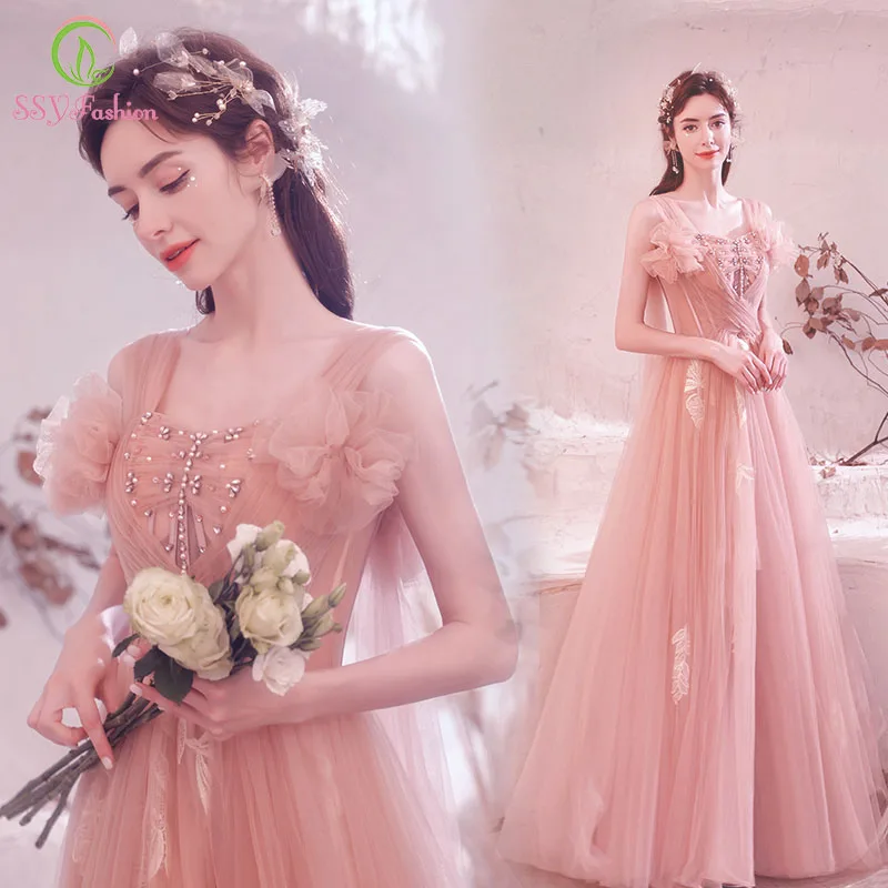 

Женское платье без рукавов SSYFashion, розовое длинное вечернее платье-трапеция до пола, расшитое бисером, с цветами, для выпускного вечера