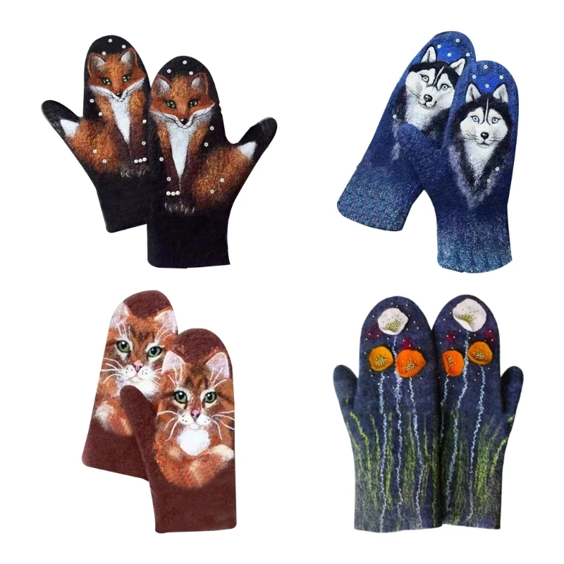 

Women Faux Cashmere Gloves Floral Wolf Animal 3D Print Thermal Warm Mittens 83XF