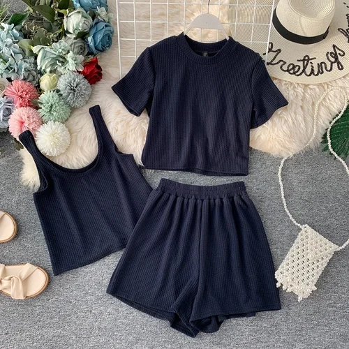 blue Korobov/Модный женский комплект из 3 предметов, однотонные корейские костюмы, футболка и майка и шорты, летний трикотажный эластичный спортивный костюм 78746 - Цвет: blue