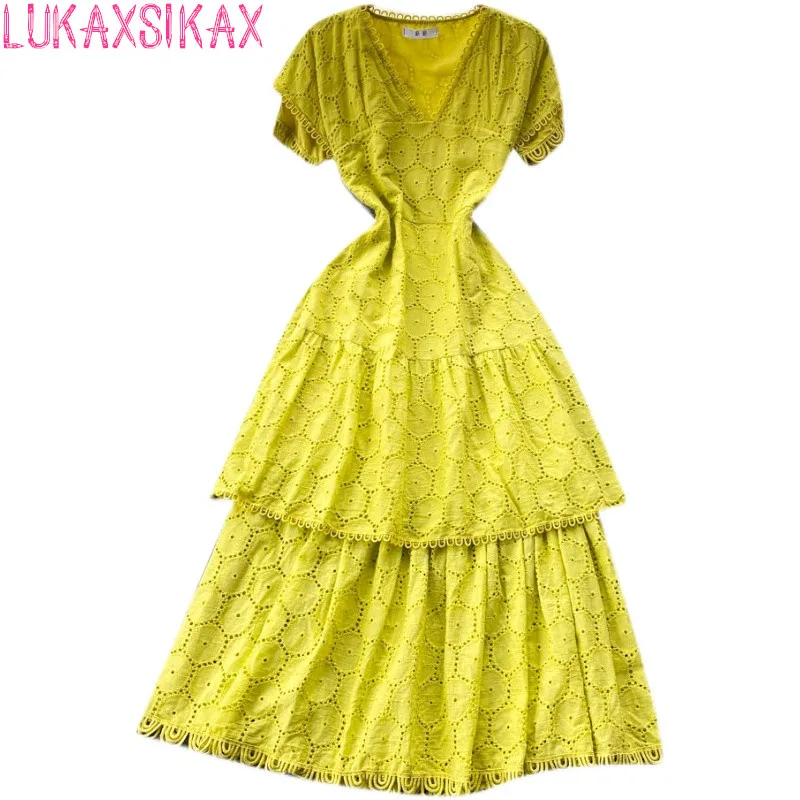 

LUKAXSIKAX 2022 New Summer Women V-Neck Short Sleeve Slim Long Dress High Quality Hollow Out Embroidery Cake Hem Vintage Dress