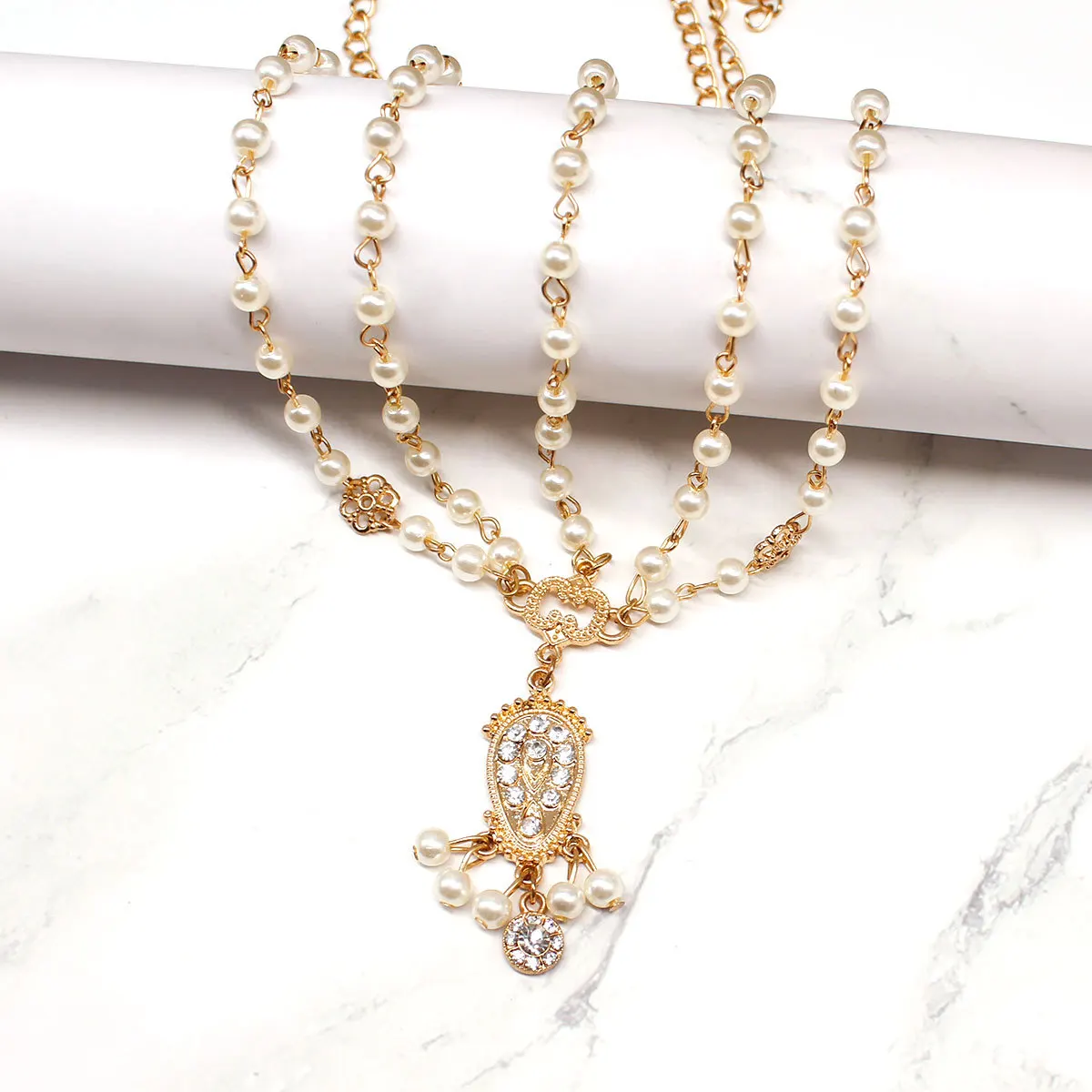 

FUN-BEAUTY European and American Fashion Hair Jewelry Gorgeous Inlaid Zirconium Stone Chain Female Popular Pearl Headdress