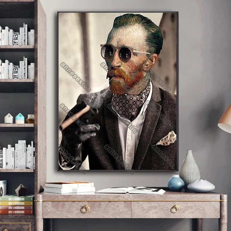 

Classical Style Canvas Painting Poster Art Portrait Sunglasses Van Gogh Smokes A Cigar for Home Rooms Gallery Wall Decoration