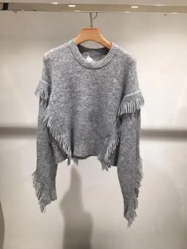 Осень Зима 2020 черный свитер новый с бахромой шерстяной пуловер из мохера