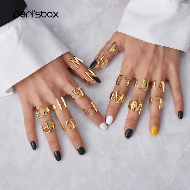 Peri'sBox Новое алфавитное БУКВЕННОЕ несколько колец широкое массивное необычное Золотое кольцо регулируемое первоначальное модное кольцо унисекс