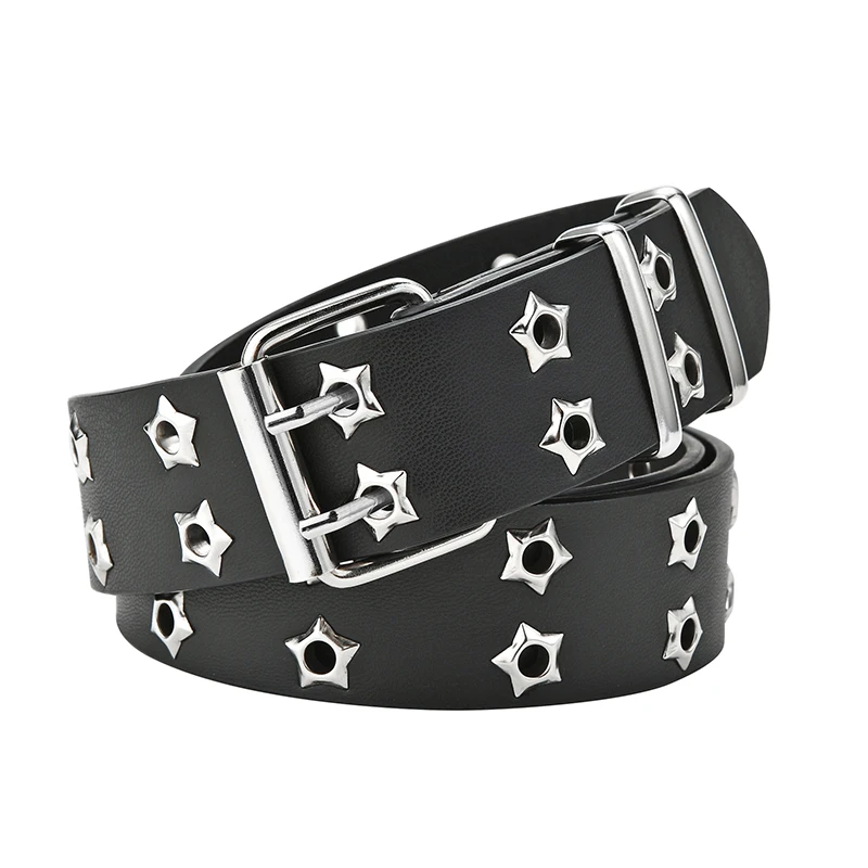 

Fashion Adjustable Punk Belt Grommet Wide Waist Belts Double Star Eyelet Two Row Hole Double Alloy Pin Buckle Waist Strap