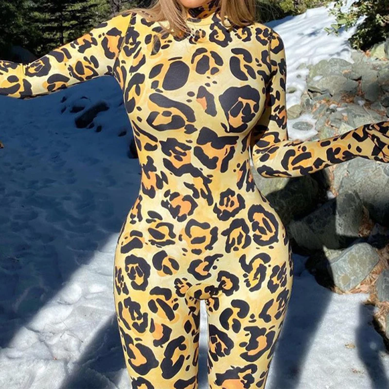 

2021 Women New Stylish Jumpsuit Yellow Leopord Print Turtleneck Fitness One-piece Connected Gloves Sports Overalls Sexy Clubwear