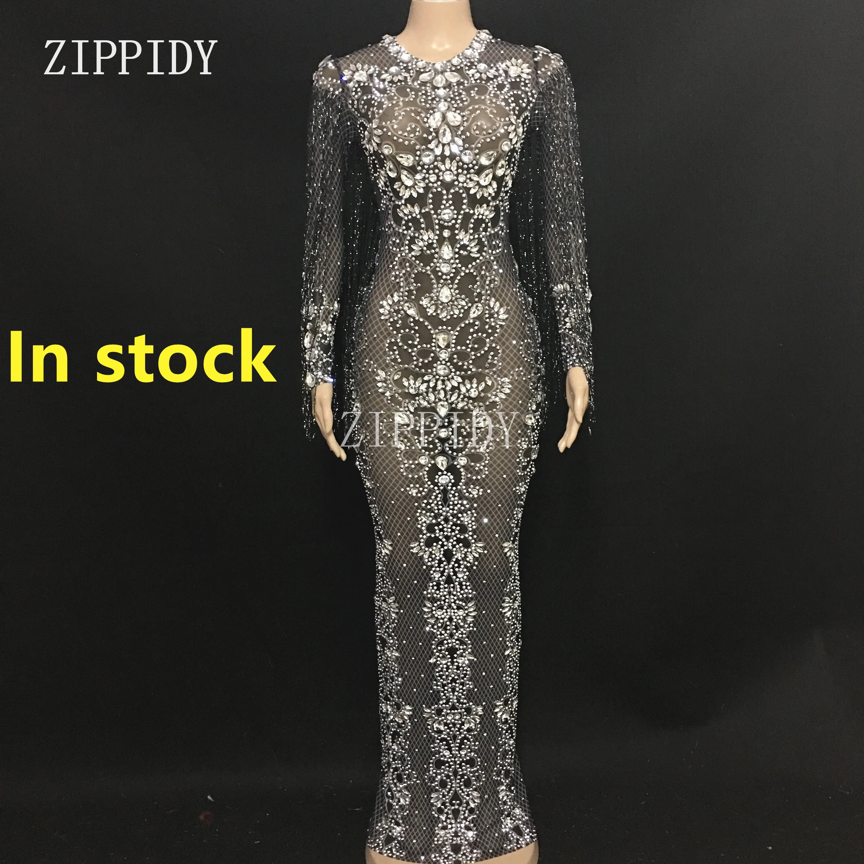 Длинное платье YOUDU черное прозрачное со стразами для вечеринки дня рождения с