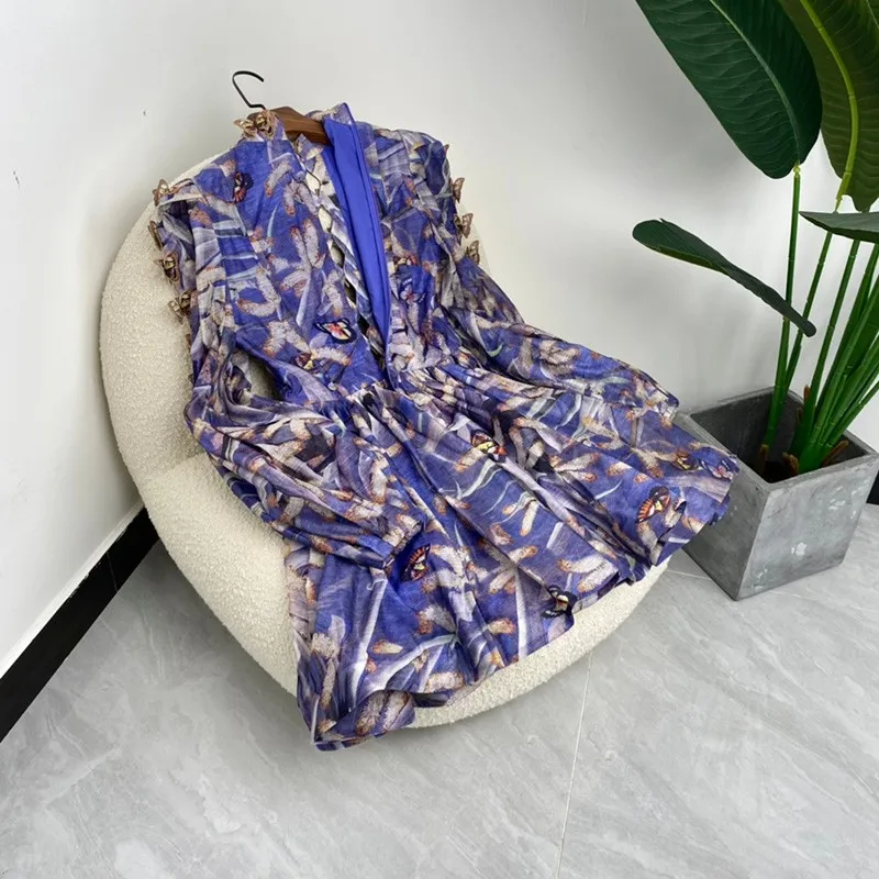 

Lavender Botanical Butterfly Floral Print Mini Dresses for Ladies Party Haute Couture Evening Gowns 2021 Summer Fashion Hot Sale