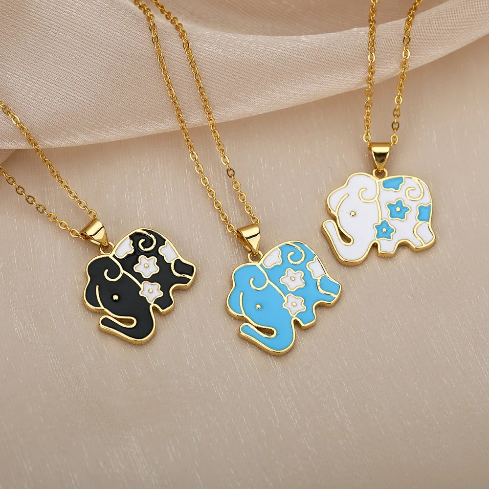 

Cute Black White Enamel Elephant Pendant Necklace Gold Silver Color Chain Link Necklaces & Pendant For Women Jewelry Gifts
