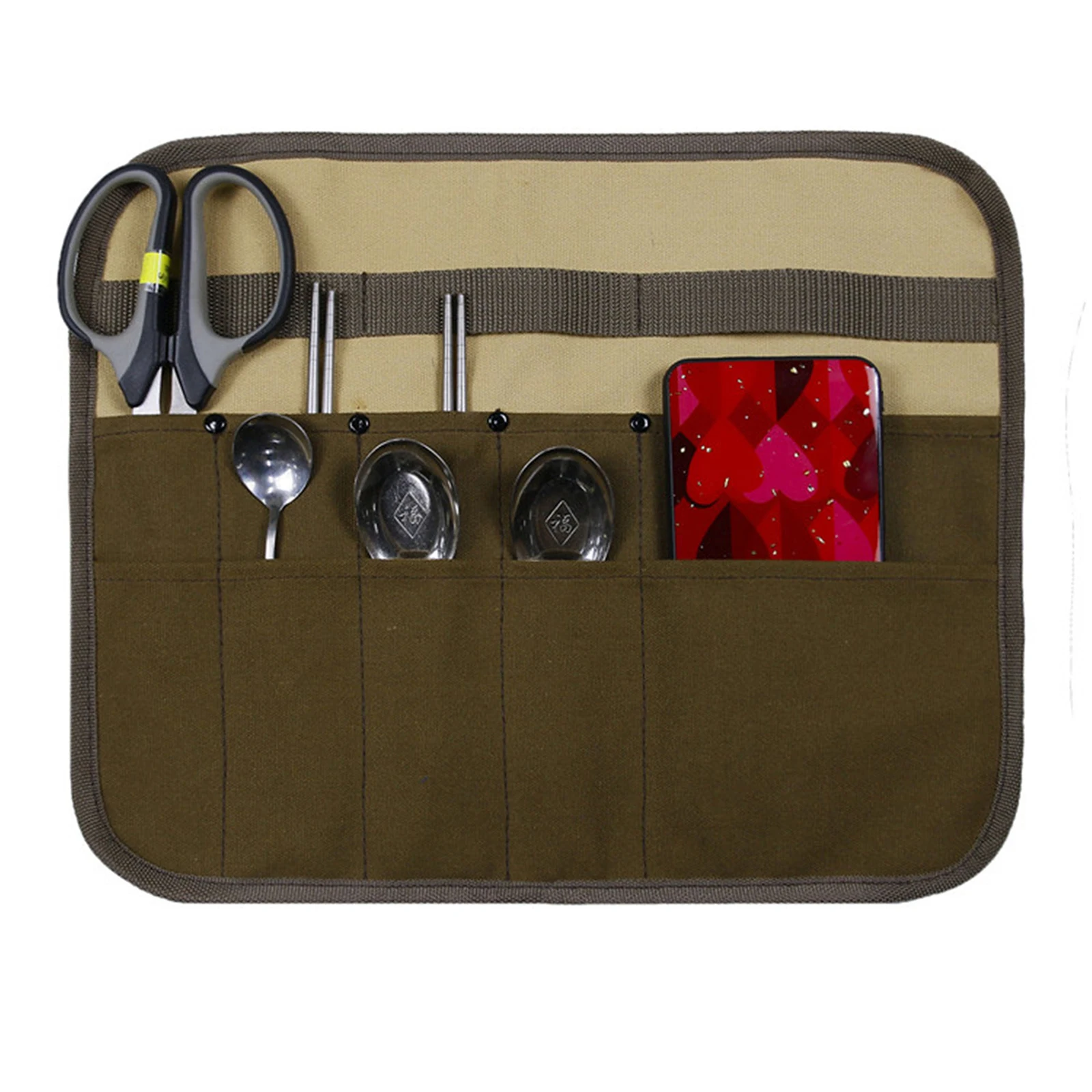 

Hanging Tableware Storage Bag Portable Roll-up Multi-pocket Holder Organizer for Camping Barbecue Flatware