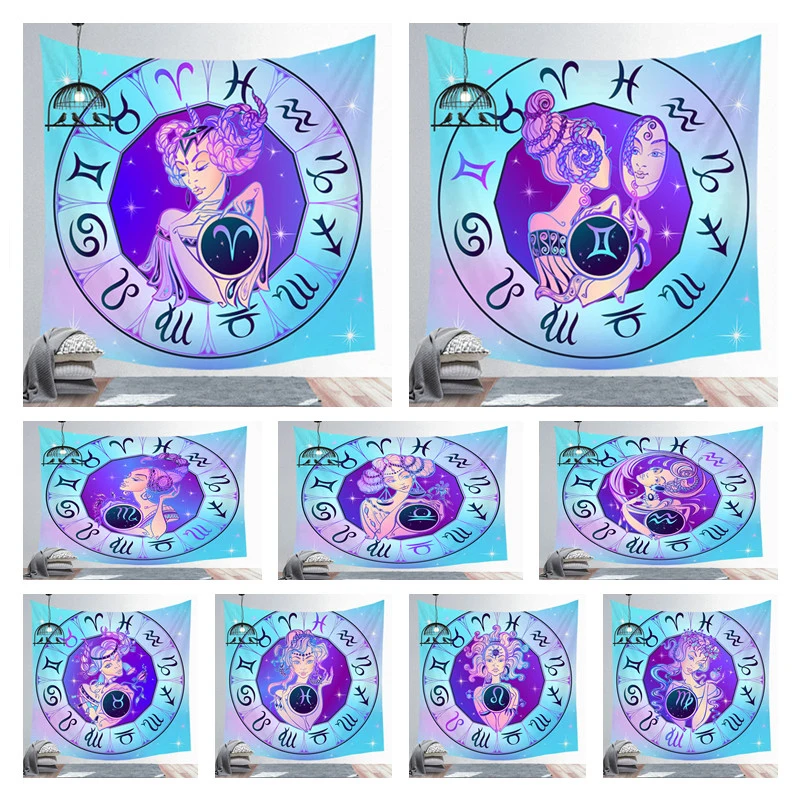 

Twelve Constellations Tapestry Galaxy Stars Wall Carpet Mandala Wall Hanging Horoscope Blue Bedspread 150x200cm